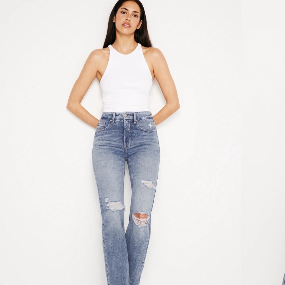 Good American High Waist Distressed Good Legs Slim Straight Blue Jeans